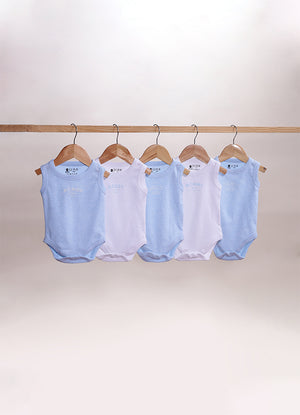 Le Pur BioKool Cotton Baby Boy Sleeveless Bodysuit Set – Pack of 5 (Blue & White) - LE PUR!