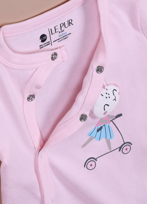 Le Pur Baby Girls BioKool Cotton All-in-One Set – Bunny Print Bodysuit, Romper & Cap (Light Pink) - LE PUR!