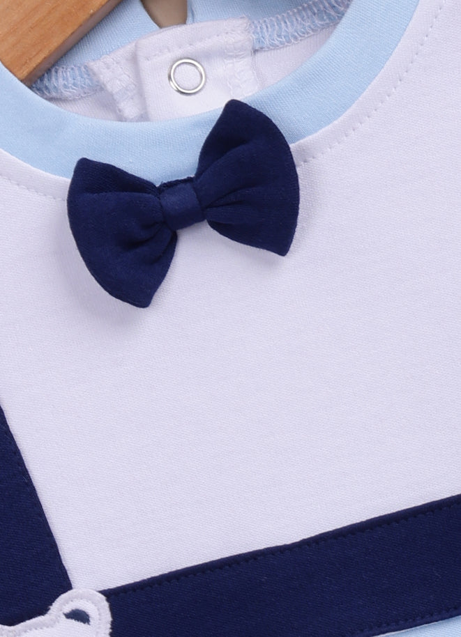 Le Pur BioKool Baby Boy Romper with Suspender & Bow Tie Design – Blue & White - LE PUR!