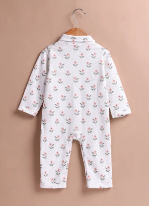 Le Pur Baby Floral Ribbed Sleepsuit | Soft Cotton Full Sleeve Romper with Collar - LE PUR!