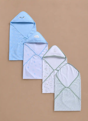 LE PUR BioKool cotton 4-pack hooded baby blanket combo, cloud, raindrop, bunny and stripe print
Cloud print blanket only