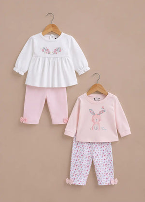 LE PUR BioKool cotton 2-piece pajama combo, floral embroidered top and Hello Bunny print top with pants
Floral embroidered set only