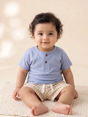 TENCEL™ T-Shirt & Gingham Shorts Set- Blue & Beige - LE PUR!