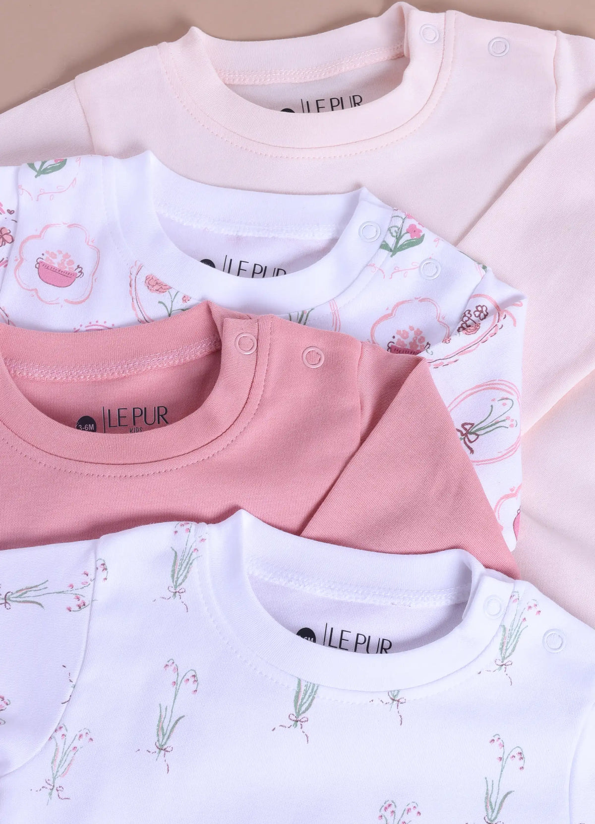Girls Pink Blossom Print Long Sleeve 100% Cotton Top & Pajama Set - Pack of 4 - LE PUR!