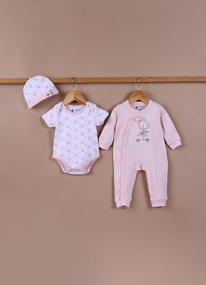 Le Pur Baby Girls BioKool Cotton All-in-One Set – Bunny Print Bodysuit, Romper & Cap (Light Pink) - LE PUR!
