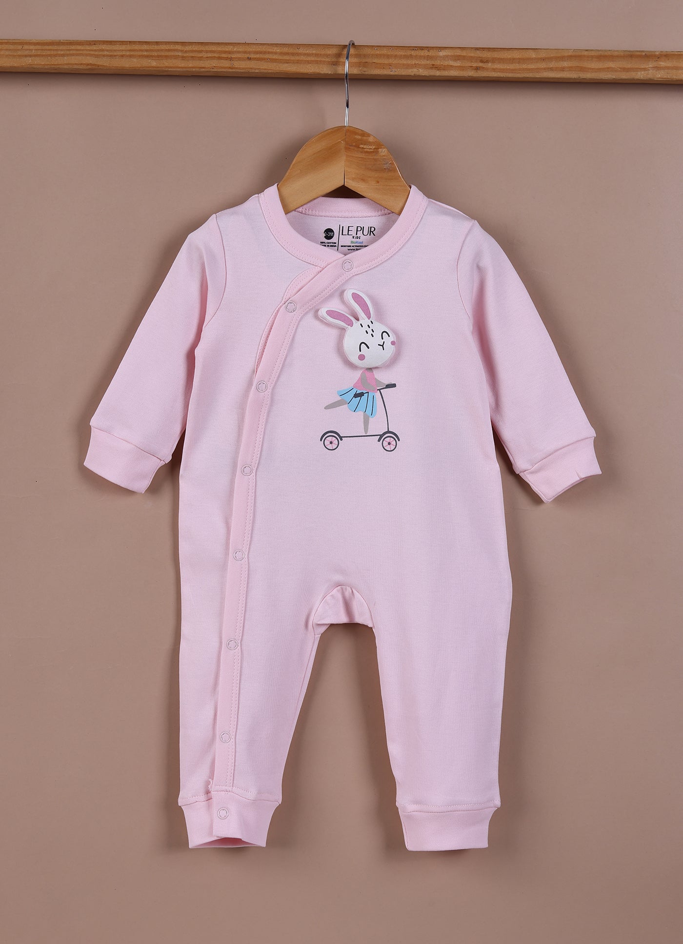 Le Pur Baby Girls Biocool Cotton All-in-One Set – Bunny Print Bodysuit, Romper & Cap (Light Pink) - LE PUR!