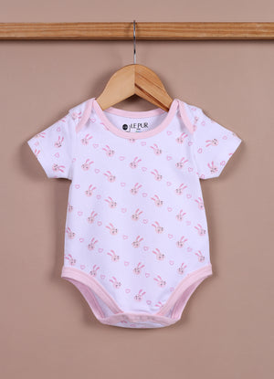 Le Pur Baby Girls BioKool Cotton All-in-One Set – Bunny Print Bodysuit, Romper & Cap (Light Pink) - LE PUR!