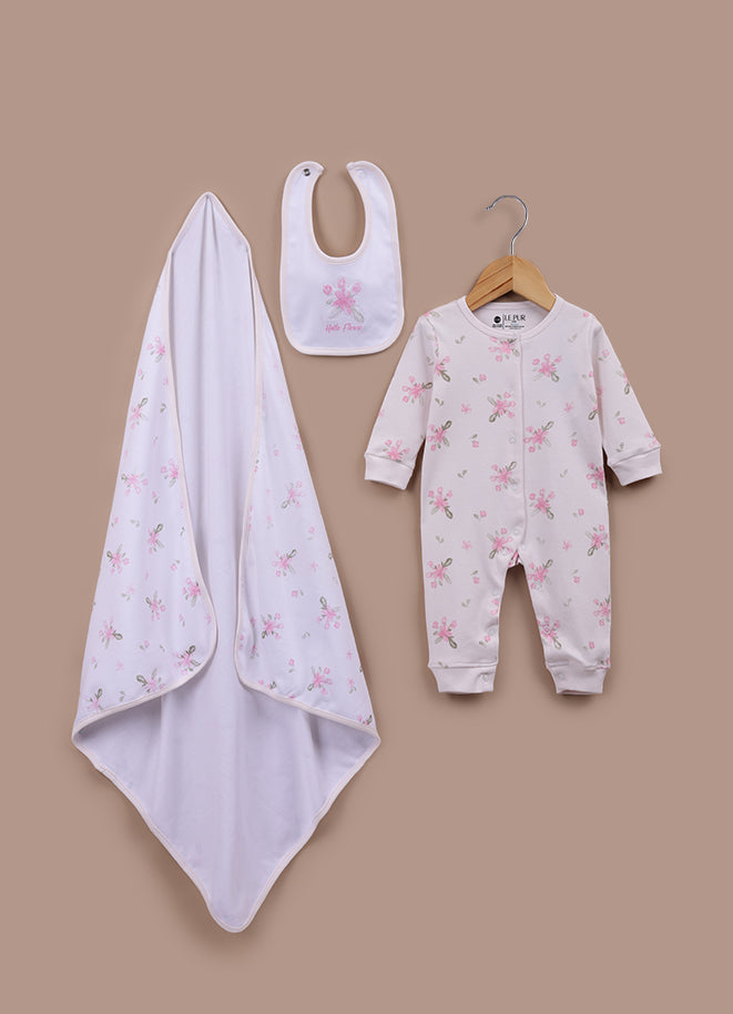 Le Pur BioKool 3-Piece Baby Gift Set – Romper, Bib & Blanket (Pink Floral Print) - LE PUR!