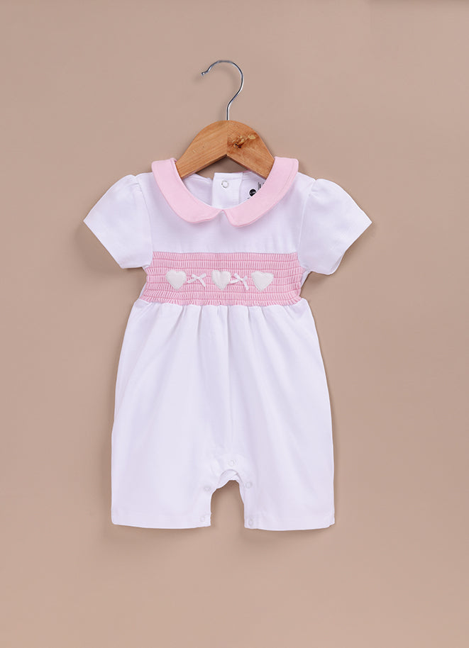 Le Pur BioKool Baby Romper – White & Pink Smocked Heart Design - LE PUR!