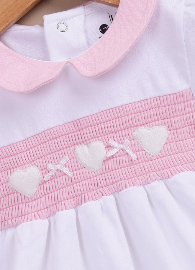 Le Pur BioKool Baby Romper – White & Pink Smocked Heart Design - LE PUR!