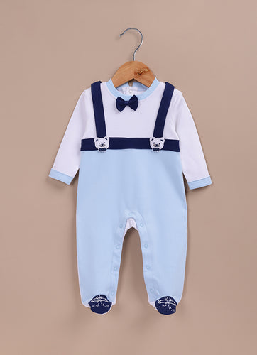 Le Pur BioCool Baby Boy Romper with Suspender & Bow Tie Design – Blue & White - LE PUR!