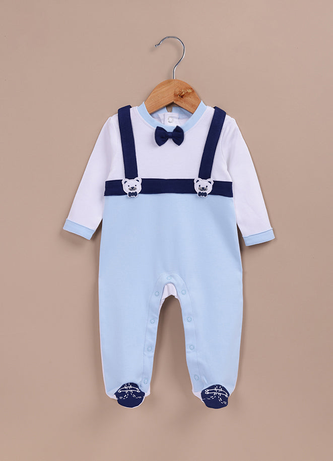 Le Pur BioKool Baby Boy Romper with Suspender & Bow Tie Design – Blue & White - LE PUR!