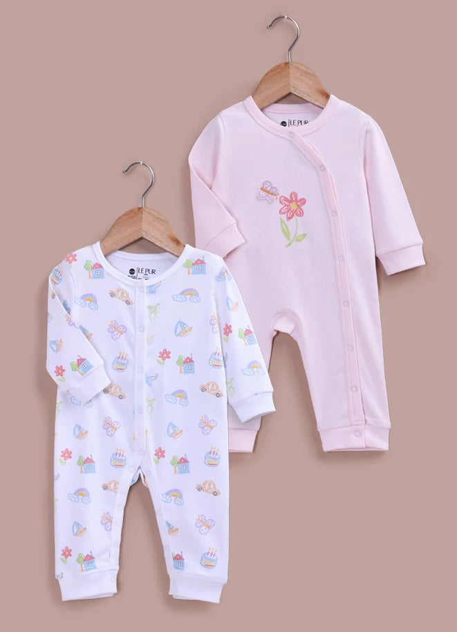 BioCool Baby Full Sleeve Romper – Pack of 2 Soft Cotton Onesies Pink and White
