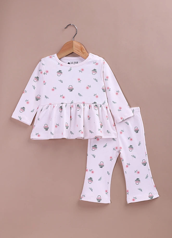 Le Pur BioCool Floral Print Baby Top & Flared Pant Set | Soft Cotton Peplum Nightwear