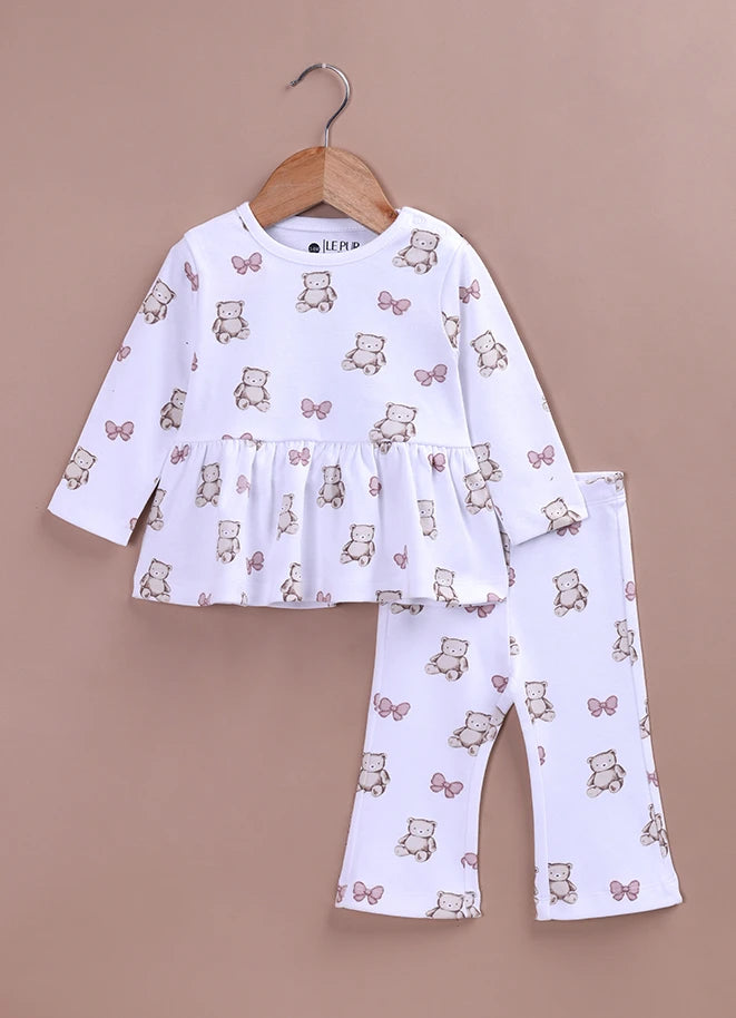 Le Pur BioCool Teddy Print Baby Top & Flared Pant Set | Soft Cotton Peplum Nightwear