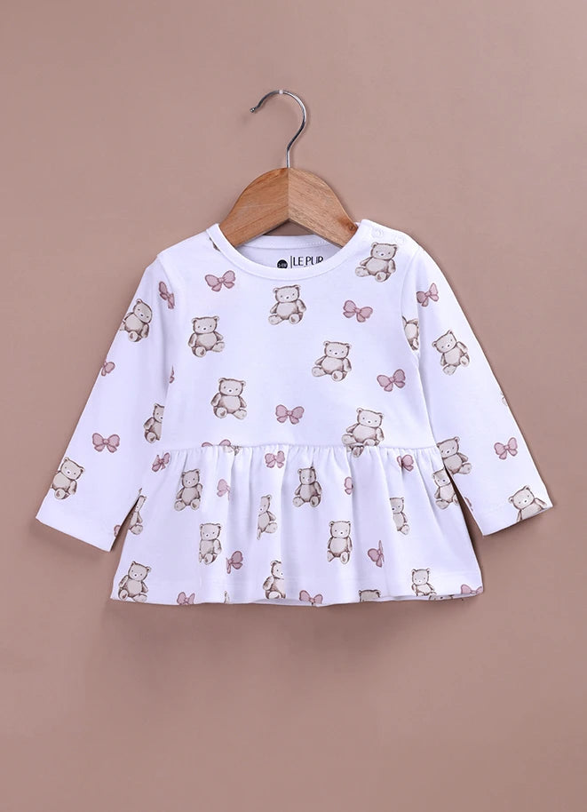 Le Pur BioCool Teddy Print Baby Top & Flared Pant Set | Soft Cotton Peplum Nightwear
