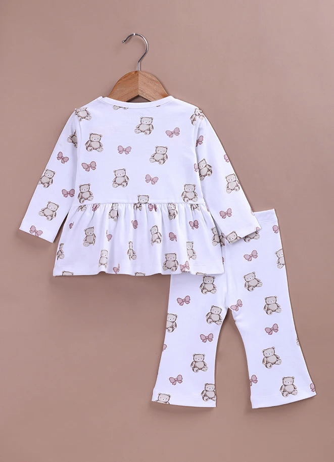 Le Pur BioCool Teddy Print Baby Top & Flared Pant Set | Soft Cotton Peplum Nightwear