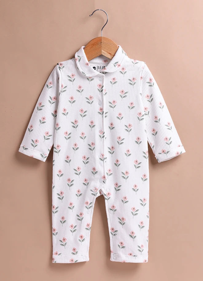 Le Pur Baby Floral Ribbed Sleepsuit | Soft Cotton Full Sleeve Romper with Collar - LE PUR!