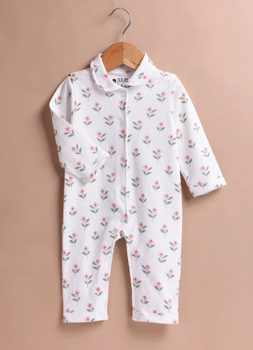 Le Pur Baby Floral Ribbed Sleepsuit | Soft Cotton Full Sleeve Romper with Collar - LE PUR!