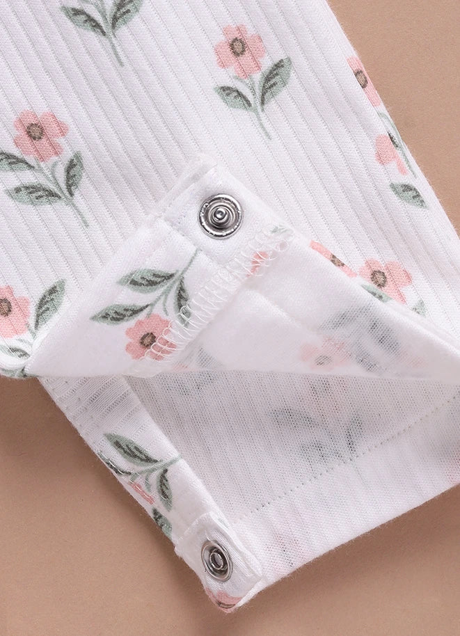 Le Pur Baby Floral Ribbed Sleepsuit | Soft Cotton Full Sleeve Romper with Collar - LE PUR!
