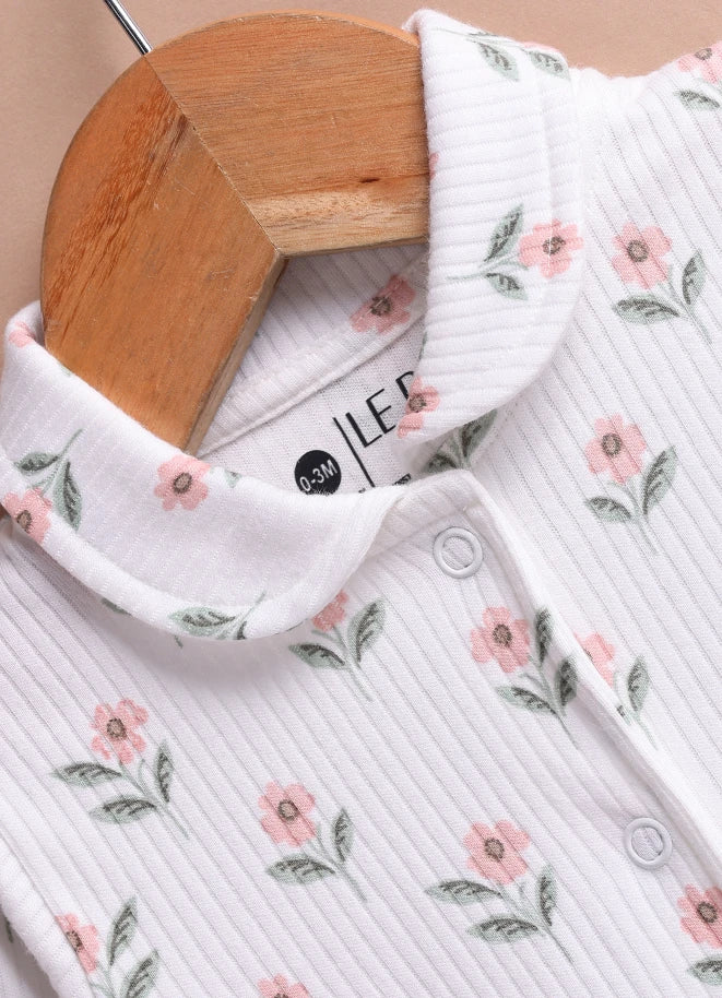 Le Pur Baby Floral Ribbed Sleepsuit | Soft Cotton Full Sleeve Romper with Collar - LE PUR!