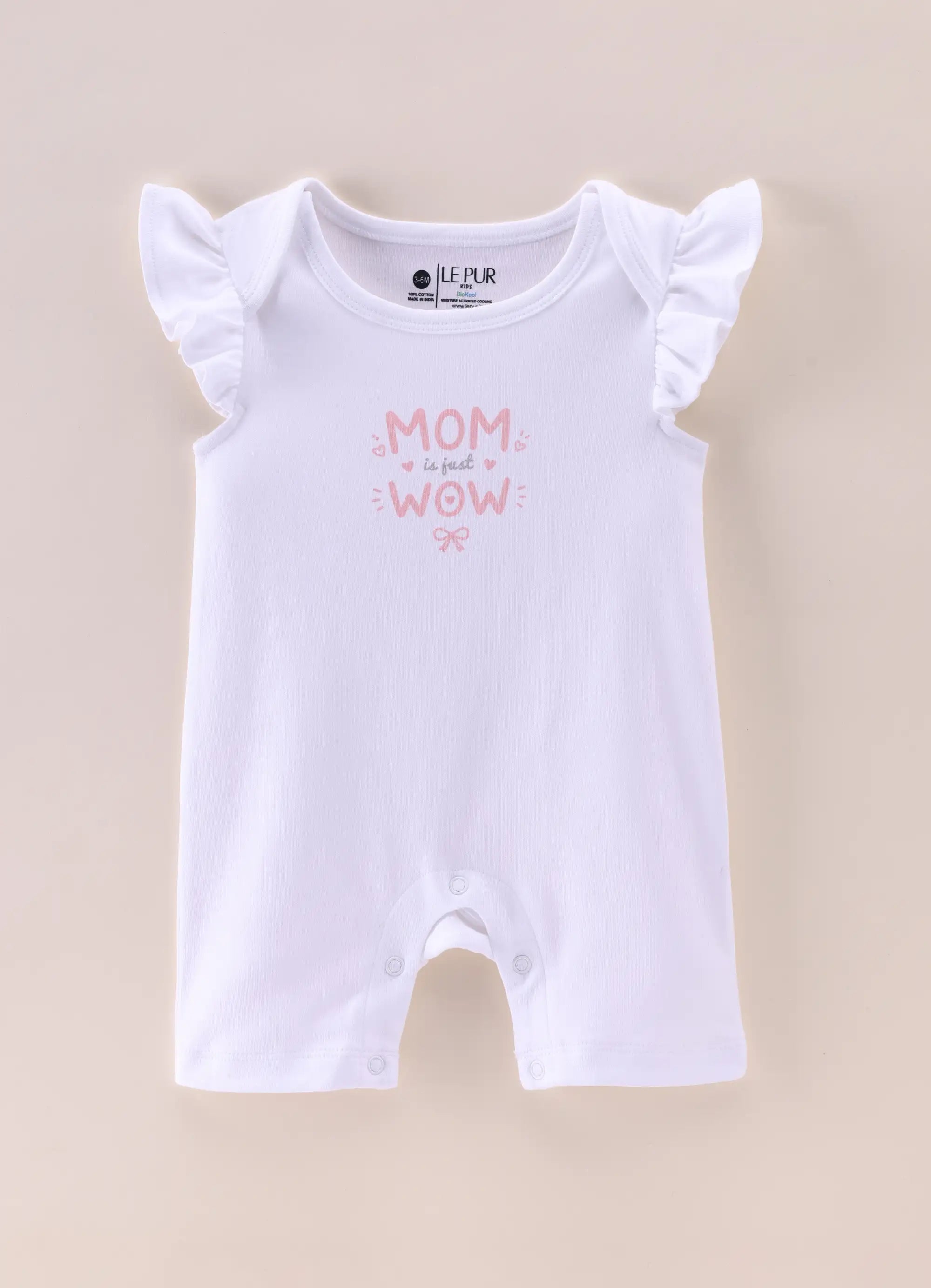 Baby Girls Cotton Frill Sleeve Romper “Mom Is Just Wow” – White - LE PUR!