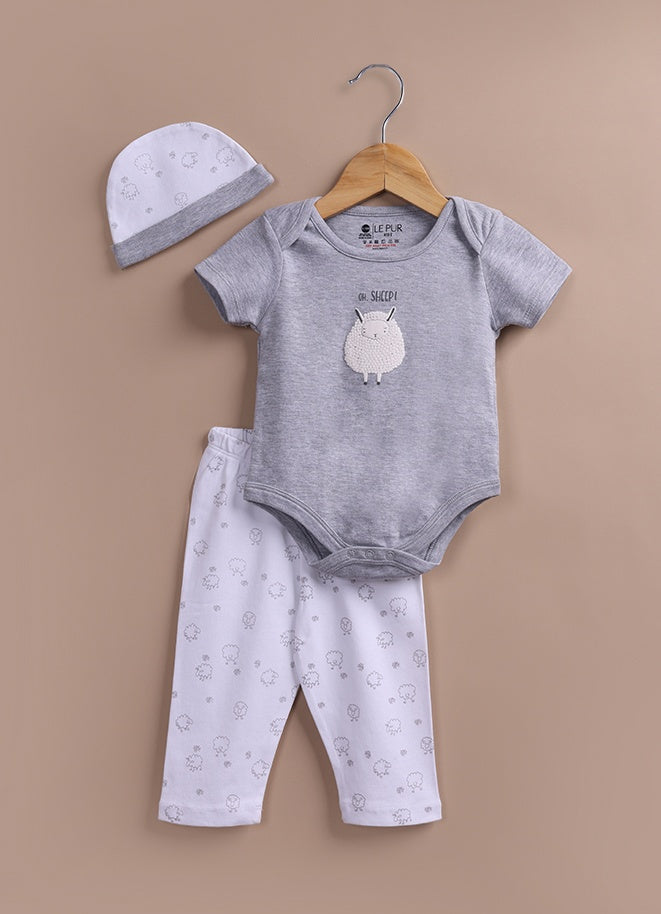 Le Pur BioKool Baby 3-Piece Set – Bodysuit, Pants & Cap (Oh Sheep, Grey & White) - LE PUR!