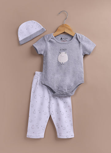 Le Pur BioCool Baby 3-Piece Set – Bodysuit, Pants & Cap (Oh Sheep, Grey & White) - LE PUR!