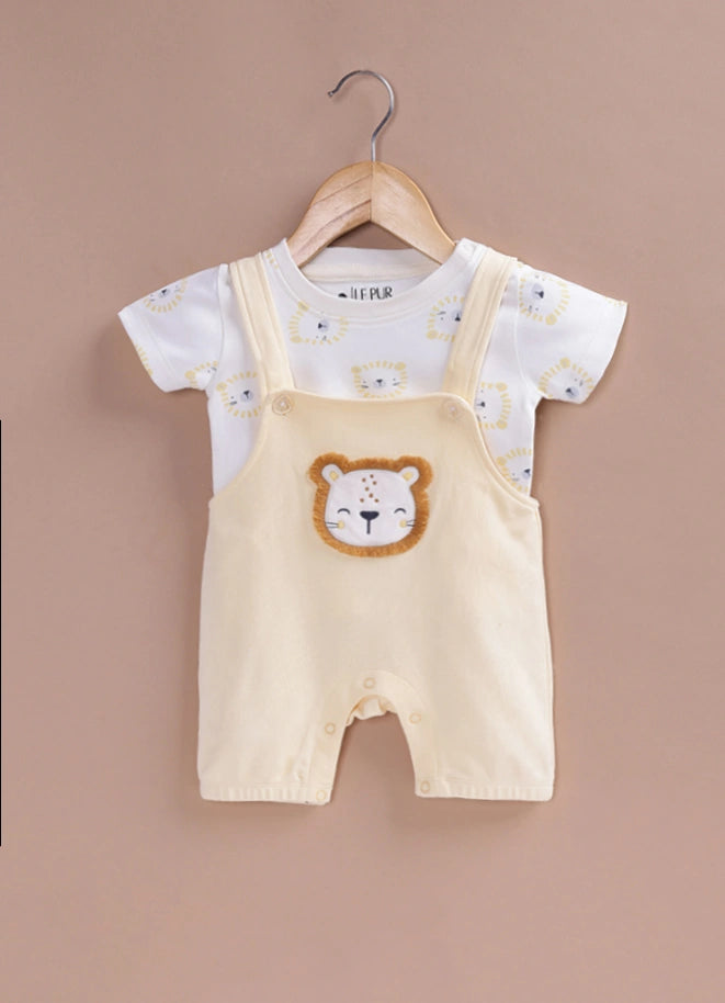 Le Pur BioKool Baby Dungaree Set | Soft Cotton Lion Applique Dungaree with Printed T-Shirt - LE PUR!