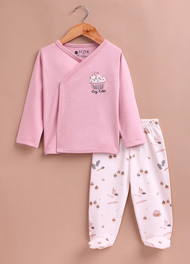 Le Pur BioCool Baby Wrap Top & Footed Pant Set | Soft Cotton Cupcake Print Nightwear