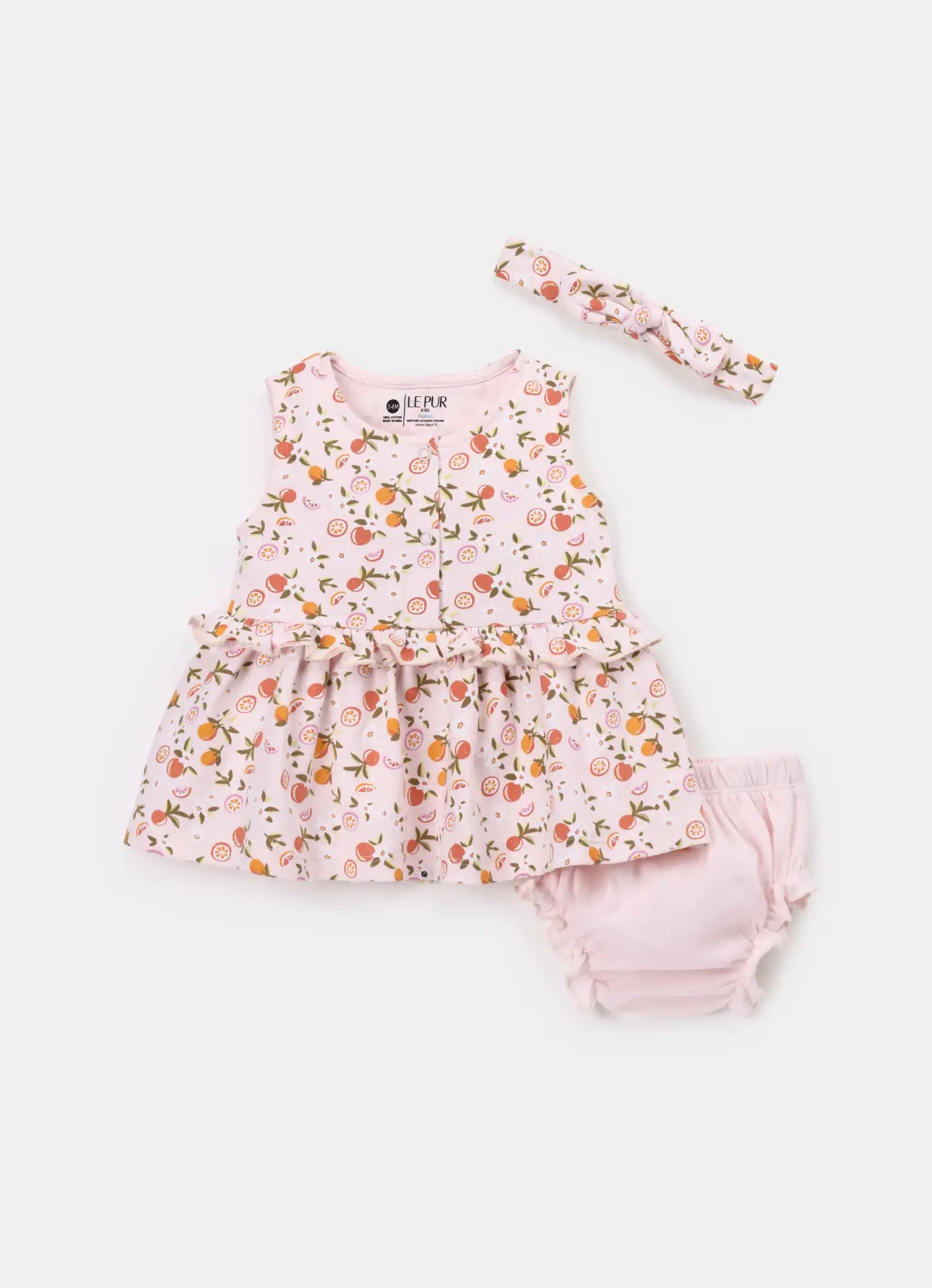 BioKool Cotton Citrus Bloom Frock, Bloomer & Headband- Pink