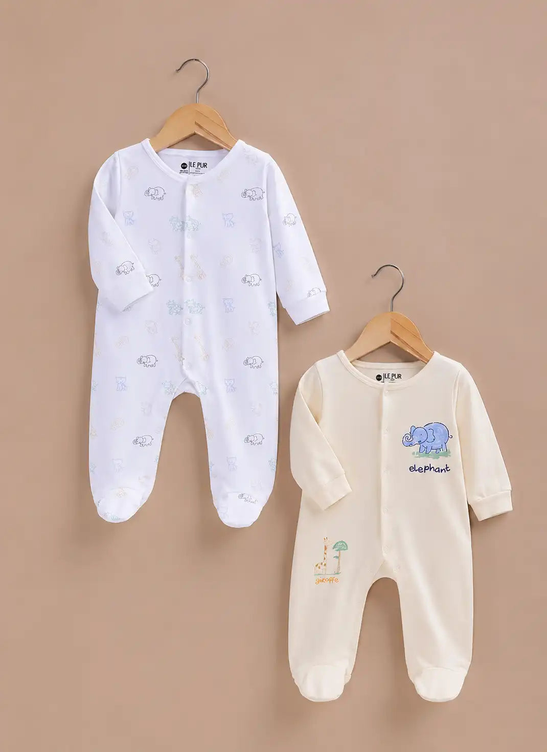 LE PUR BioKool cotton 2-piece footed sleepsuit combo, safari animal outline and elephant giraffe print
Safari outline sleepsuit only