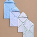 LE PUR BioKool cotton 4-pack hooded baby blanket combo, cloud, raindrop, bunny and stripe print
Cloud print blanket only