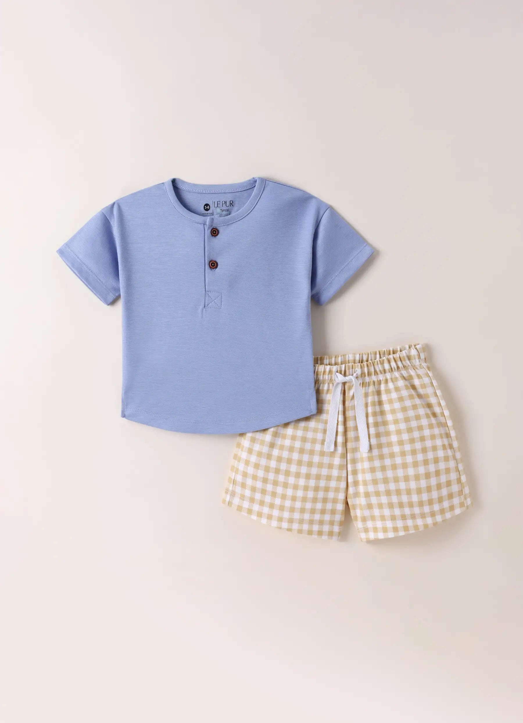 TENCEL™ T-Shirt & Gingham Shorts Set- Blue & Beige