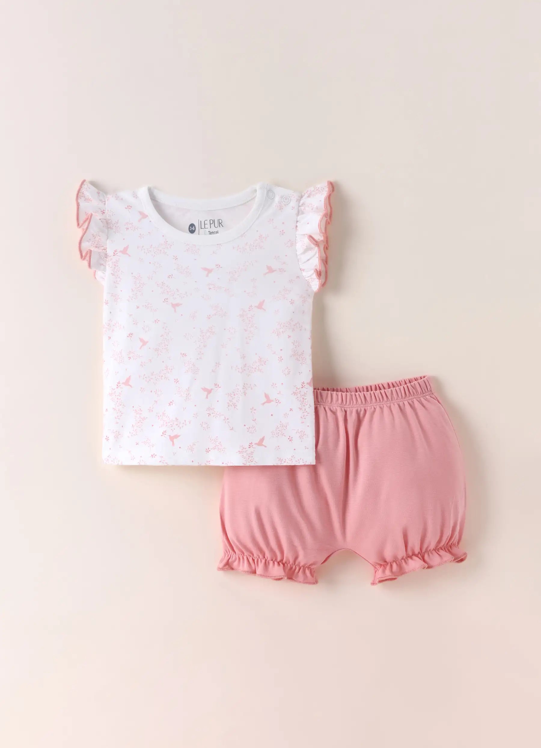 TENCEL™ Bird Print Ruffle Top & Shorts Set- Pink & White