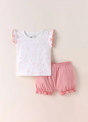 TENCEL™ Bird Print Ruffle Top & Shorts Set- Pink & White - LE PUR!