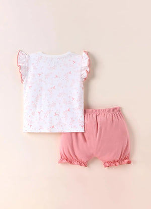 TENCEL™ Bird Print Ruffle Top & Shorts Set- Pink & White - LE PUR!