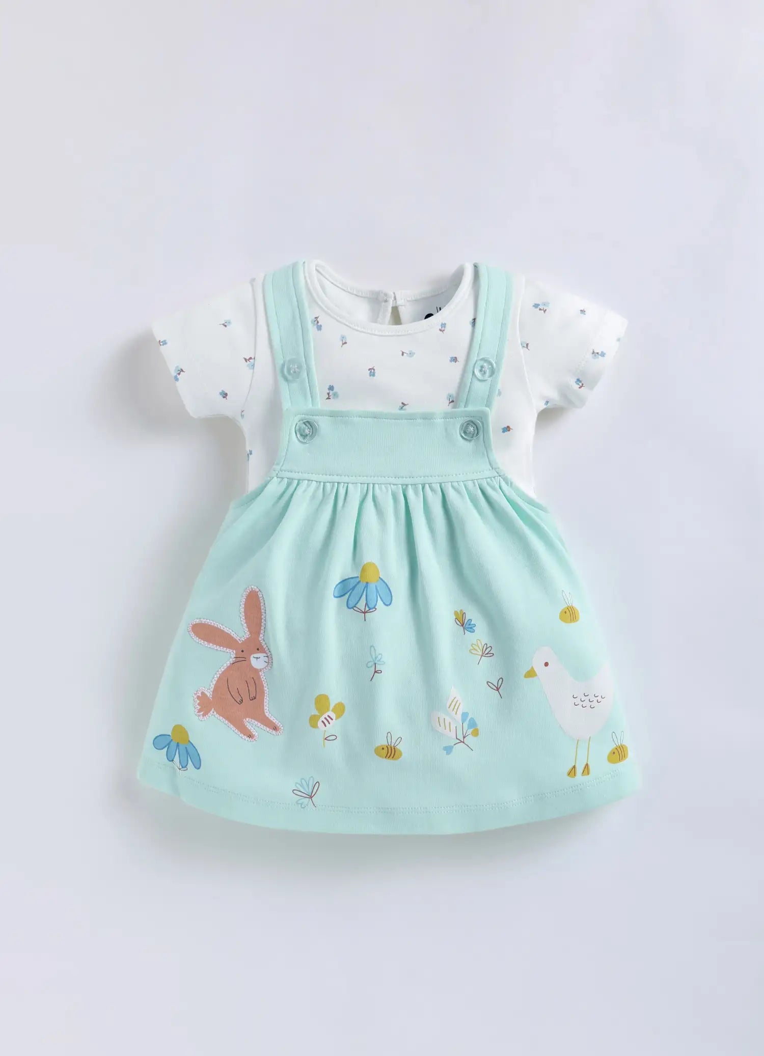 BioWash Cotton Pinafore Dress with Printed Bodysuit- Mint Green