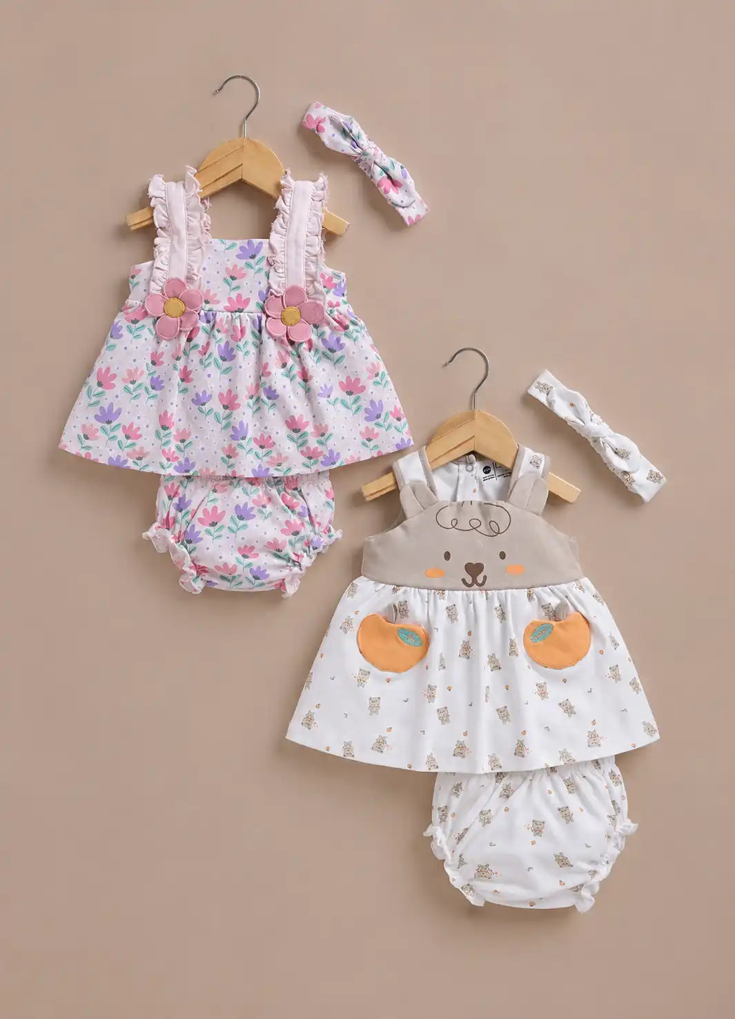 LE PUR BioKool cotton 2-pack baby dress set combo, floral and teddy bear print, with matching headbands