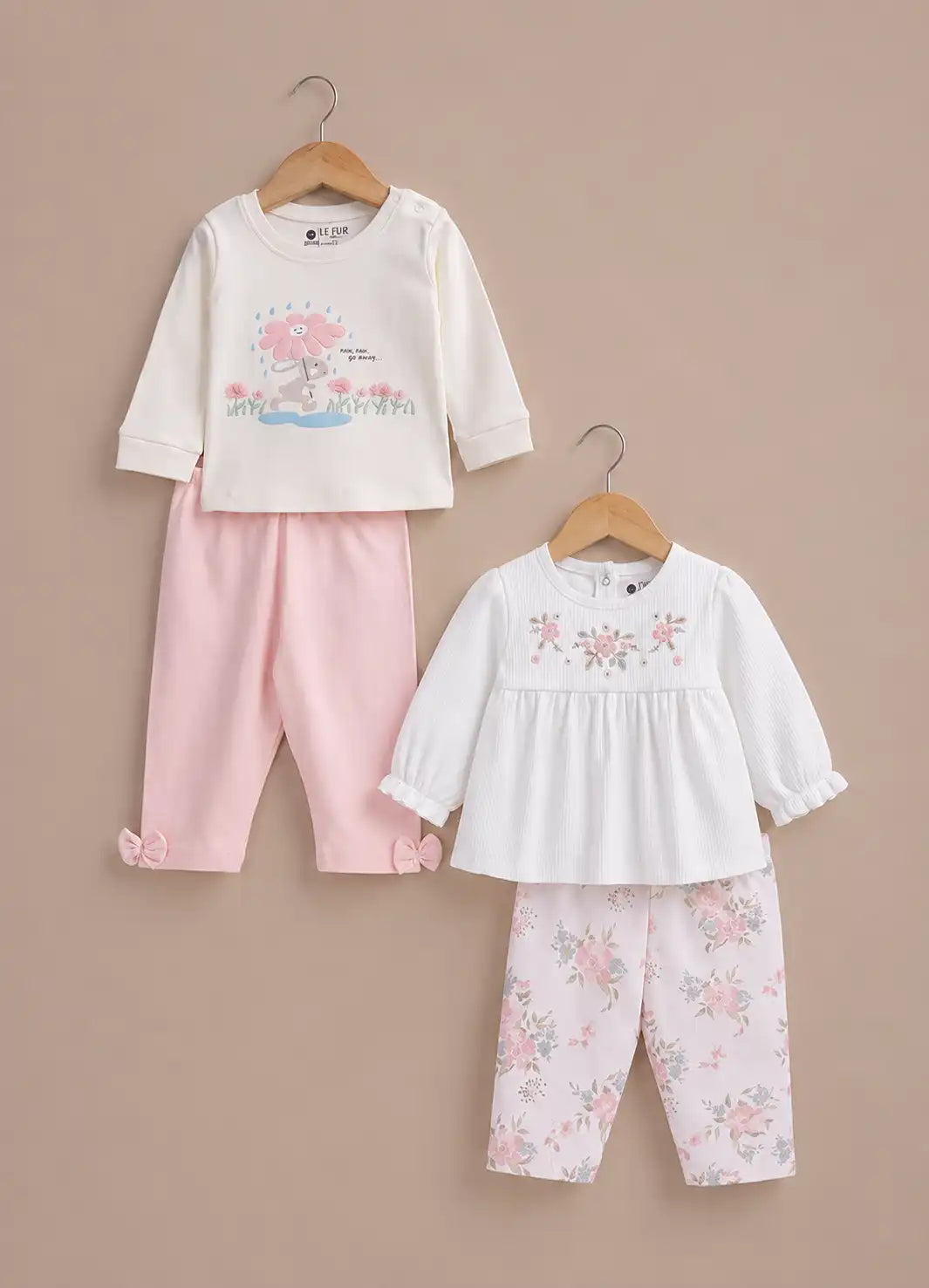 LE PUR BioKool cotton 2-piece pajama combo, Rain Rain Go Away print and floral embroidered top with pants