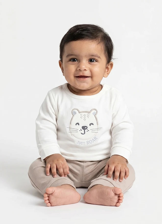 BioKool Cotton "Just Roar” Pyjama Set - White & Hazelnut - LE PUR!