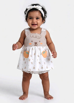 BioKool Cotton Cute Print 3-Piece Dress Set | Frock, Bloomer & Headband - Multicolor - LE PUR!