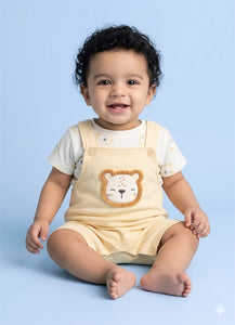 BioKool Cotton Lion Dungaree Set -White & Cream