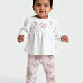Soft Drop-Needle Floral Embroidered Top with Floral Pant - White & Pink - LE PUR!