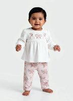 Soft Drop-Needle Floral Embroidered Top with Floral Pant - White & Pink