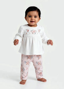 Soft Drop-Needle Floral Embroidered Top with Floral Pant - White & Pink