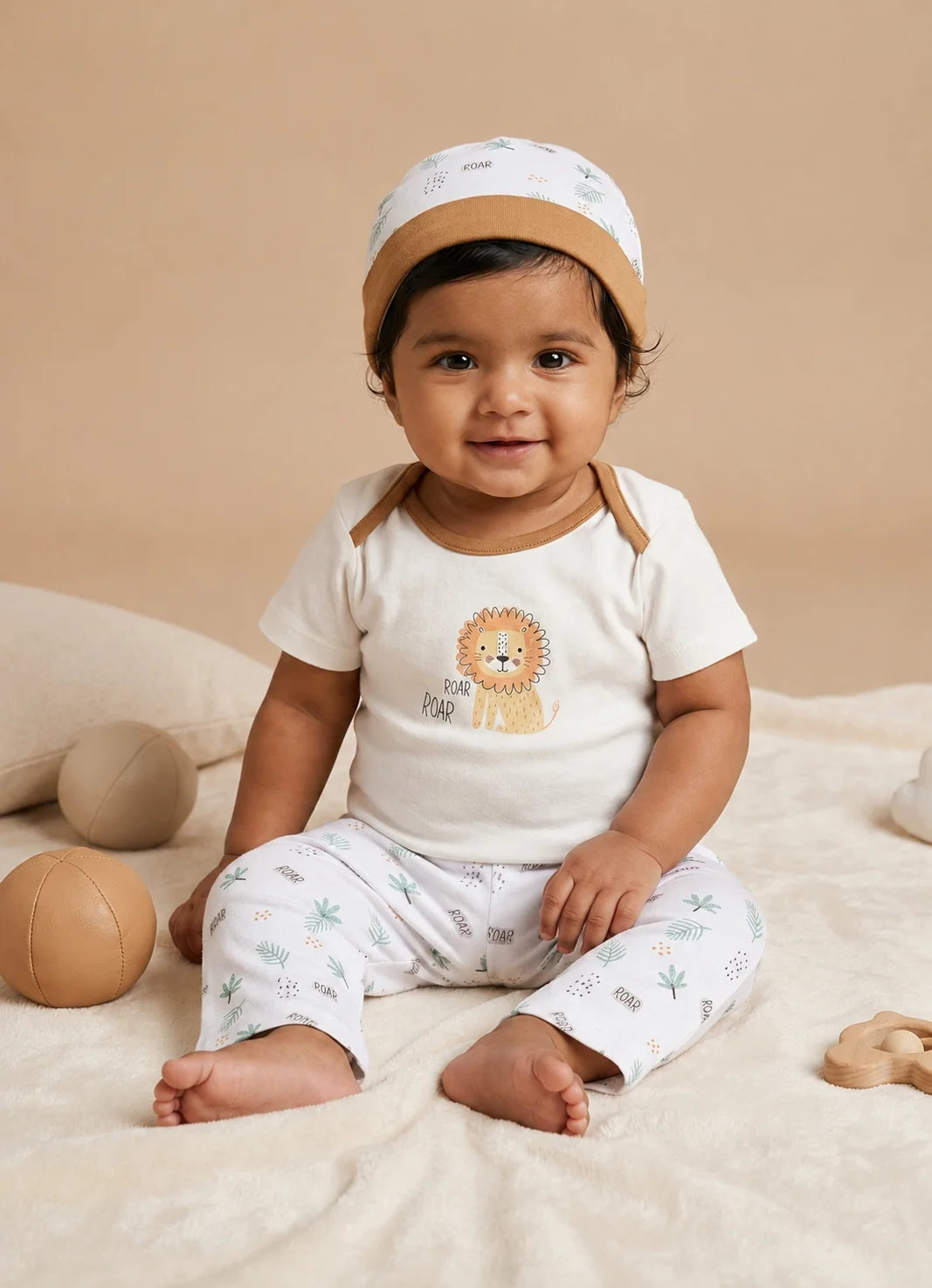 BioKool Cotton Lion Print 3-Piece Set "Bodysuit, Pajama & Cap" - Multicolor