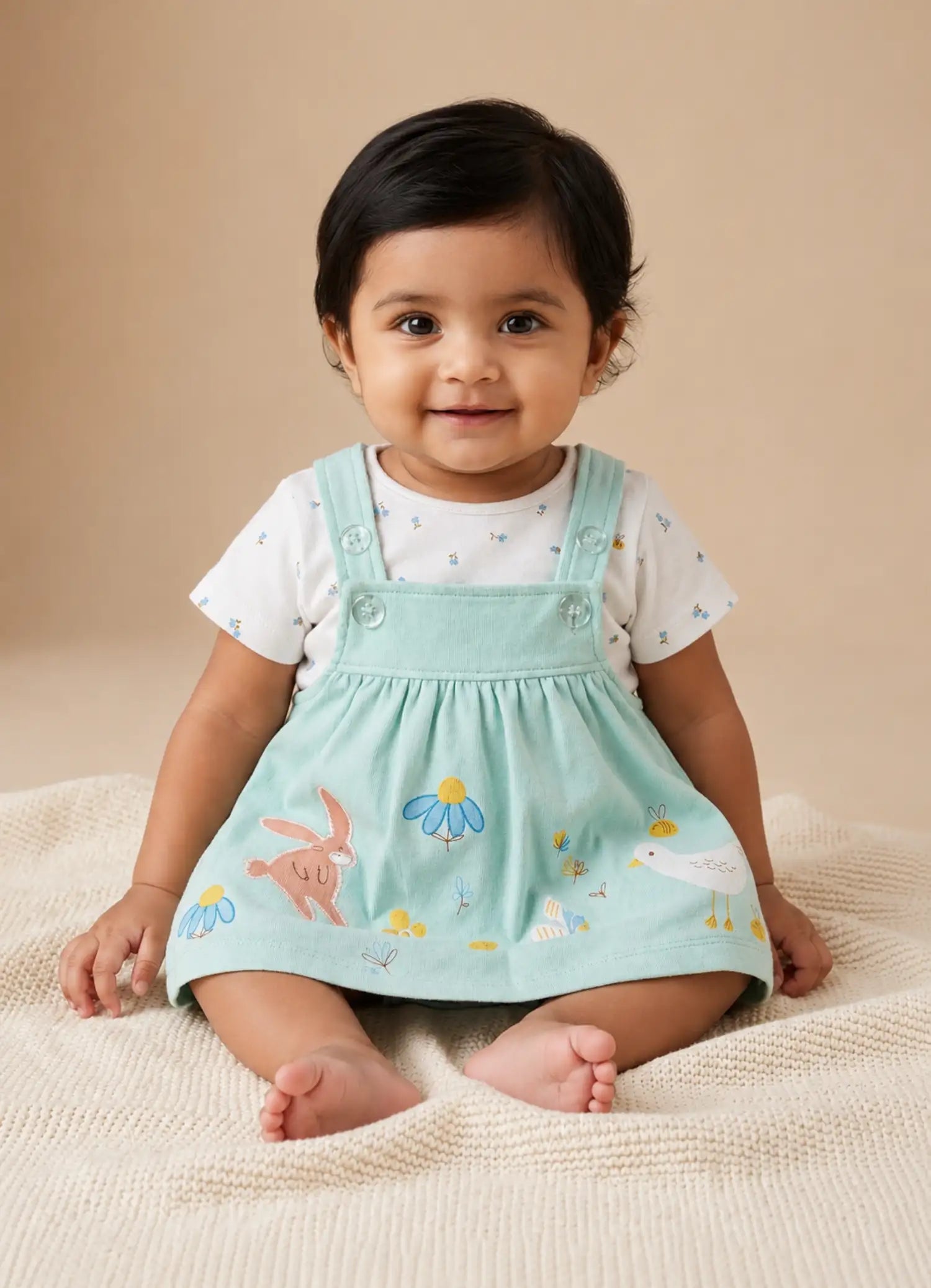 BioWash Cotton Pinafore Dress with Printed Bodysuit- Mint Green