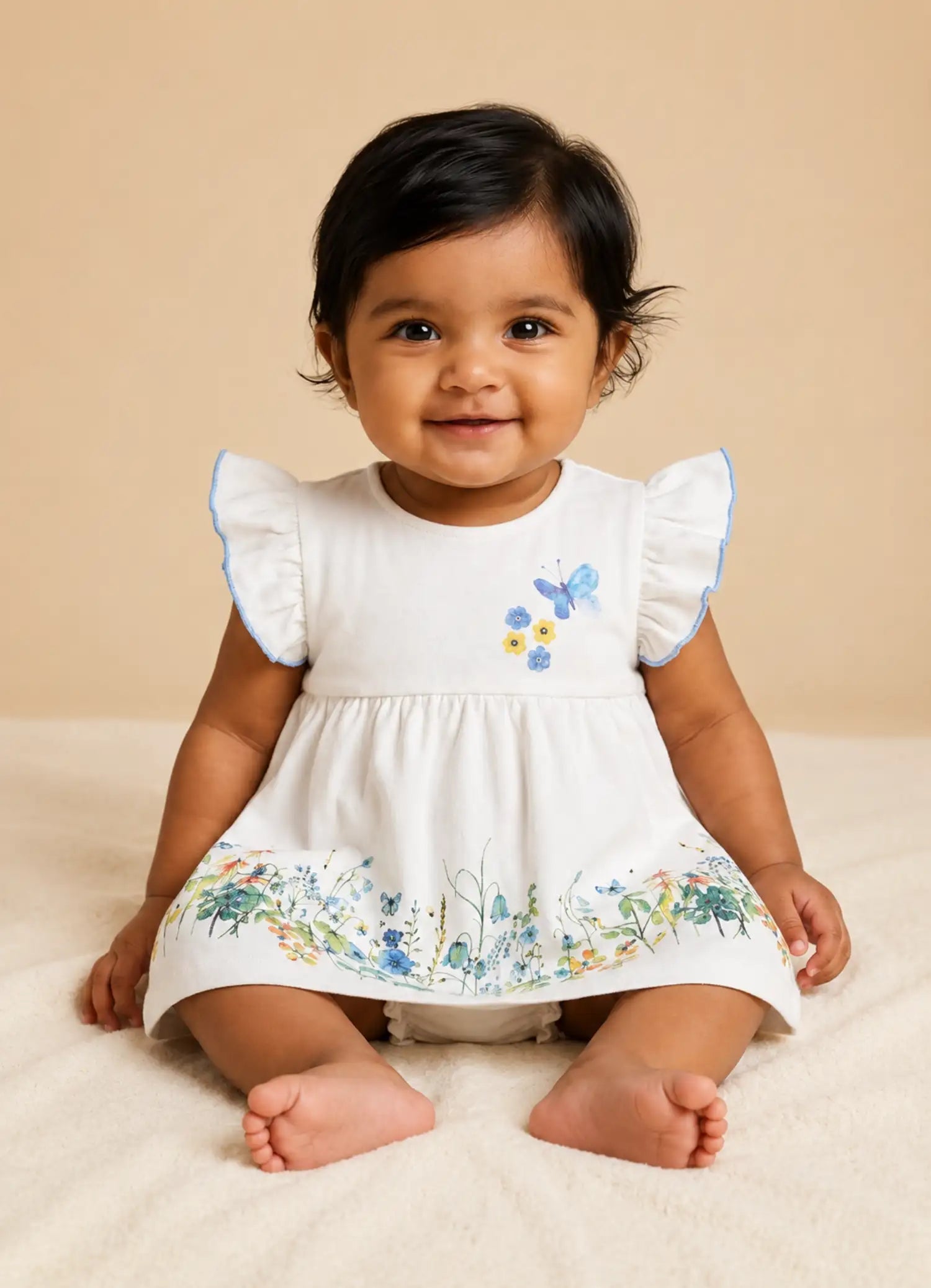 BioWash Cotton Floral Embroidered Dress & Bloomer- White