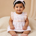 BioKool Cotton Floral 3-Piece Dress Set "Ruffle Frock, Bloomer & Headband" - White